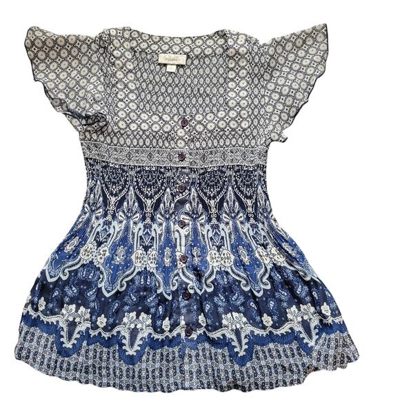 Dress barn medium blue/white short sleeve blouse - Picture 1 of 4